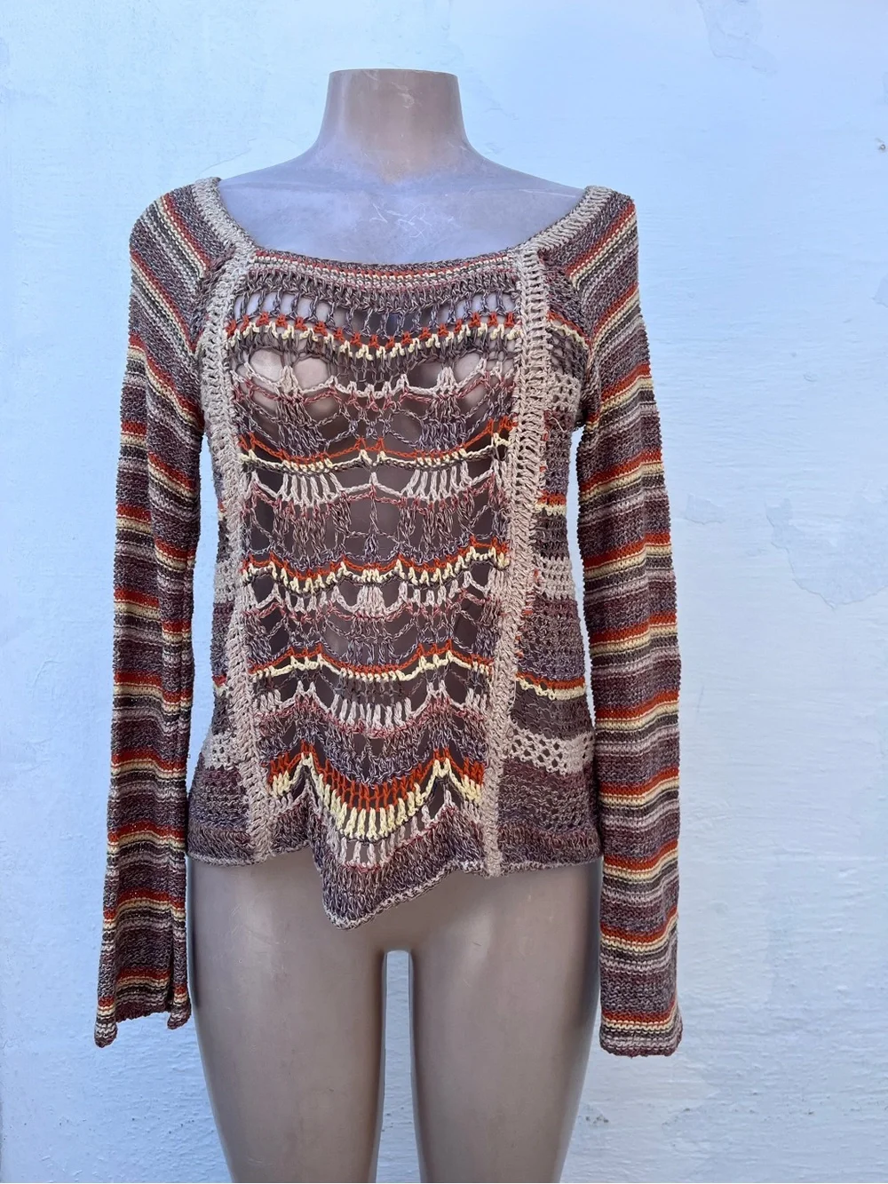 Free People Multi-Color Open Knit Striped Long Sleeve